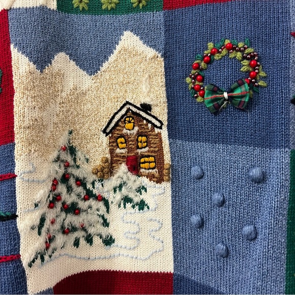 Vintage Women’s Ugly Christmas Knit Sweater Petite Large Patchwork Embellished - Picture 4 of 12